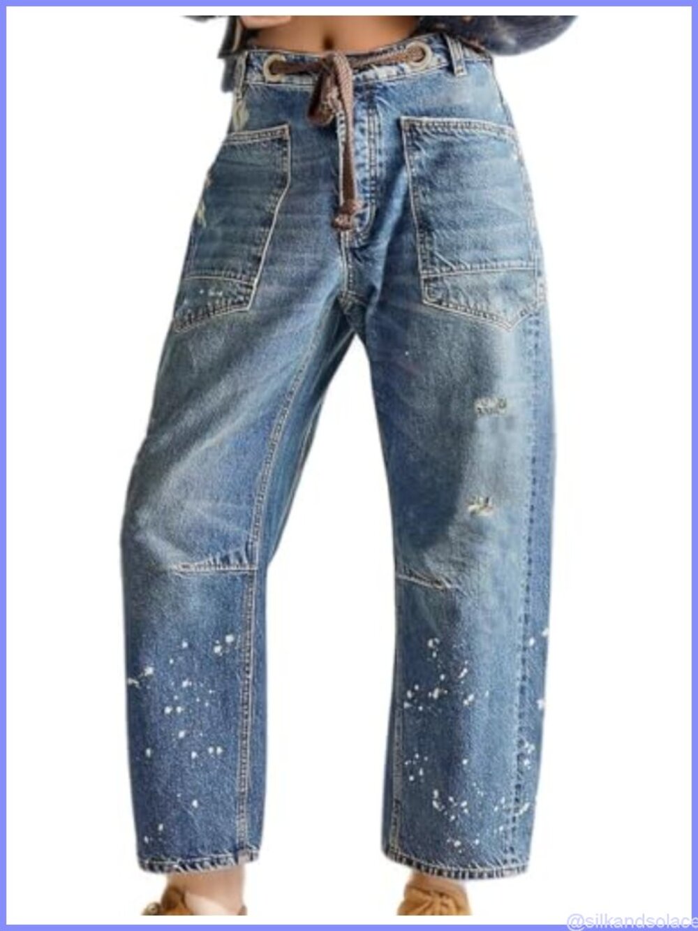 Trendy Low Rise Drawstring Baggy Barrel Jeans Women Wide Leg Horseshoe Denim